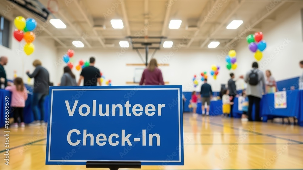 Fototapeta premium Volunteer checkin sign at a community event with colorful balloons in the background