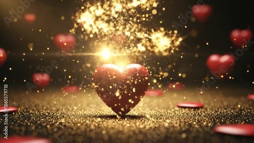 Romantic Red Hearts with Golden Sparkles on Dark Background for Love and Valentine's Day Celebrations