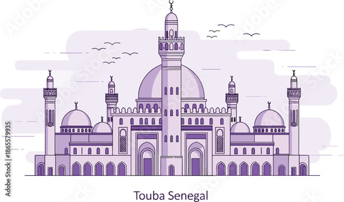 Vector line art illustration of the Great Mosque of Touba Senegal featuring prominent minarets and purple architectural accents.