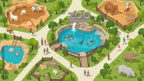 Illustrated overhead view of a vibrant zoo with various animal enclosures and visitors.