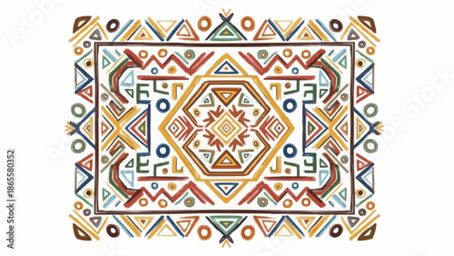 Colorful ethnic rug with geometric patterns and tribal motifs.