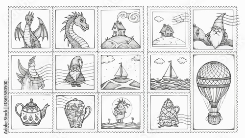 Collection of whimsical hand drawn fantasy illustrations in postage stamp format.