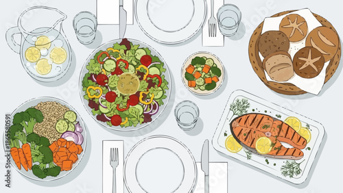 Healthy food spread on a table with drinks and plates.