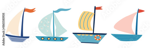 Cute ships, sailboat, yachts set. Boat drawing set. Small ships in cute flat design. Sea transport. Cartoon marine icons set for cards, kids t-shirt prints. Childish collection. Vector illustration.