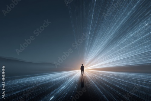 A lone human figure standing before a radiant horizon of light, symbolizing purpose, vision, transformation, and the search for meaning.