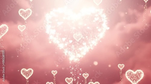 Magical Pink Hearts with Sparkles Floating in the Sky for Romance and Celebration