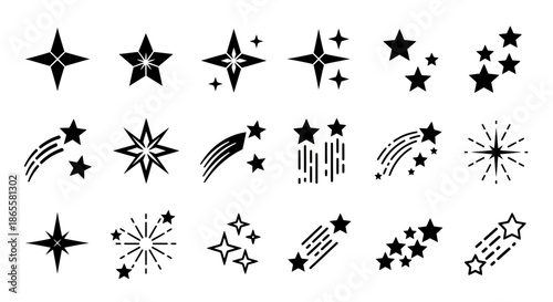 Set of various black star icons including shooting stars and sparkles on white background.