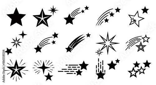 Collection of various black star and shooting star icons in different styles.
