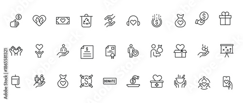 A Complete Icon Set for Charity Organizations, Fundraising Events, Nonprofit Campaigns, Donation Drives, Volunteer Programs, Social Justice, and Community Support Activities