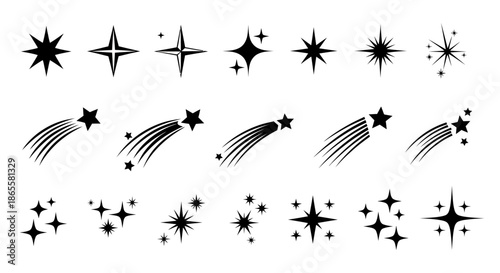 Set of various black star icons including shooting stars and sparkles in different styles.