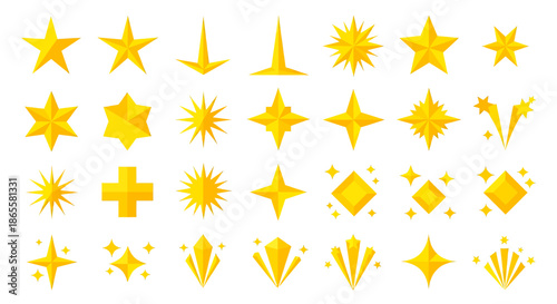 Collection of various yellow star and sparkle icons with geometric shapes on white background.
