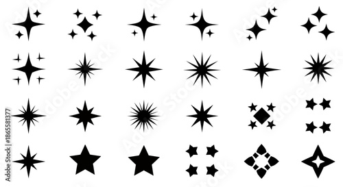 Collection of various black star and sparkle icon silhouettes in different shapes and sizes on white background.