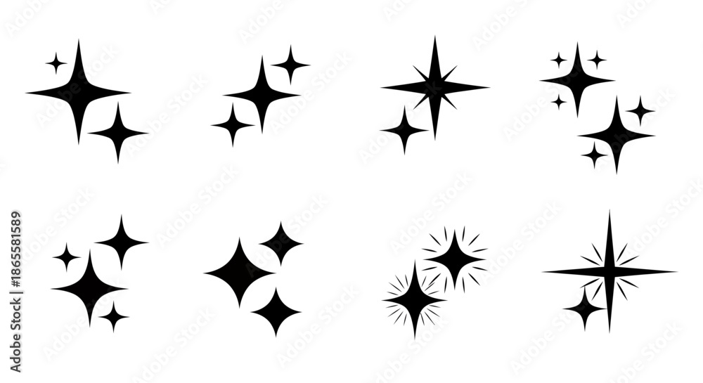 Fototapeta premium Set of eight black star sparkle icons with various shapes on a white background.