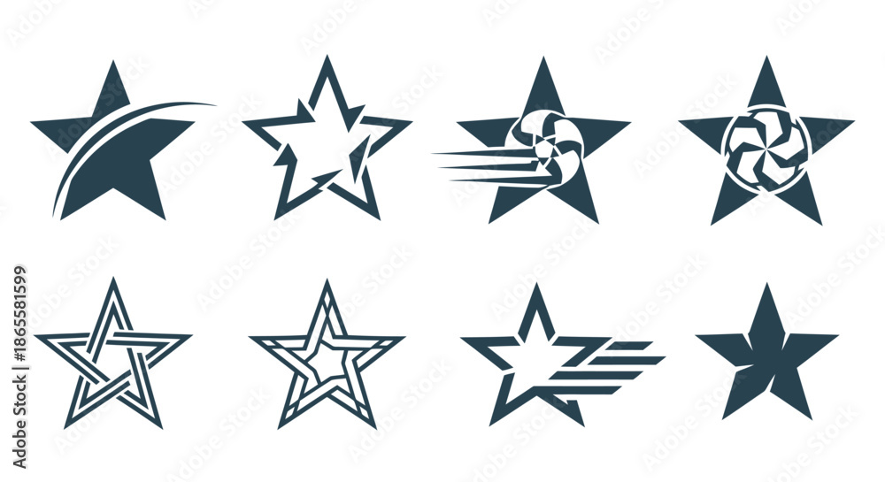 Obraz premium Set of eight abstract star icons with various creative graphic designs in black on white background.