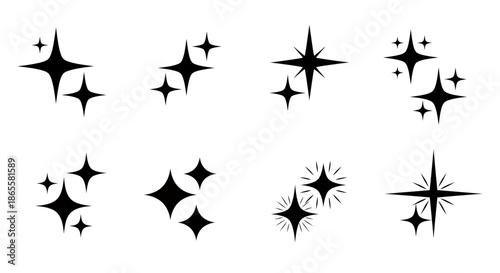 Set of eight black star sparkle icons with various shapes on a white background.