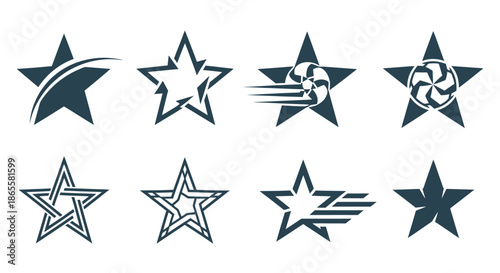 Set of eight abstract star icons with various creative graphic designs in black on white background.