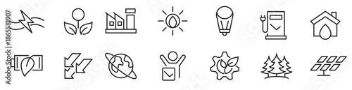 Renewable Energy line icon set. Green technology, energy, power, supply, ecology, eco, electricity, neutral, leaf, nature, solar, panel Line icon set. Ui thin line icon pack.
