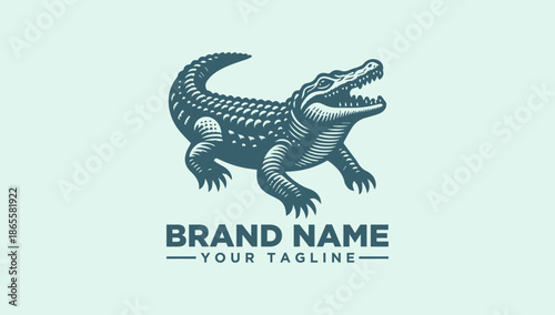A teal-colored crocodile logo with a brand name and tagline on a light green background, featuring a vector illustration style with a modern design aesthetic.