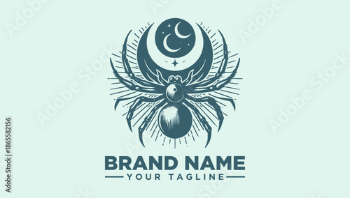 A dark teal illustration of a stylized insect with a crescent moon and stars, forming a logo with a brand name and tagline on a light teal background, with a vector style and iconic design.