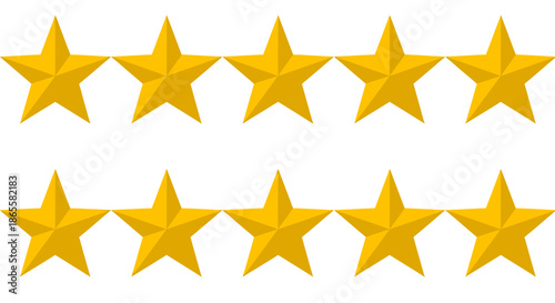 Ten gold stars arranged in two horizontal rows on a white background.