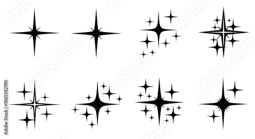 Set of eight black starburst and sparkle icons isolated on white background.