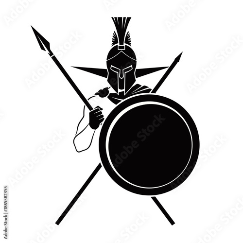 A striking black silhouette graphic of a Spartan warrior in a crested helmet, holding a round shield and two crossed spears.