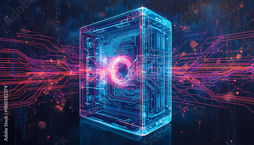 Futuristic circuit box with neon lights and glowing core
