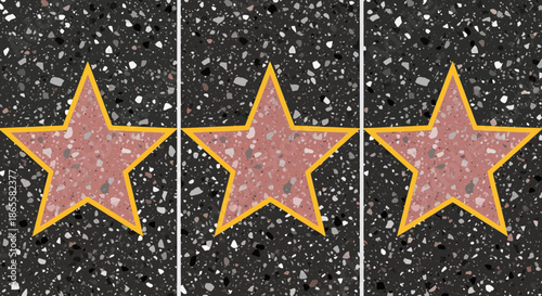 Three pink and gold stars on a terrazzo sidewalk representing fame and recognition.
