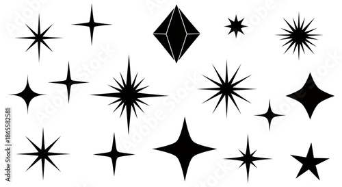 Collection of various black star and diamond shapes on a white background.