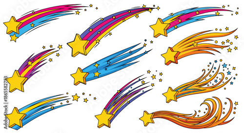 Colorful cartoon shooting stars with dynamic trails and sparkling effects on white background.