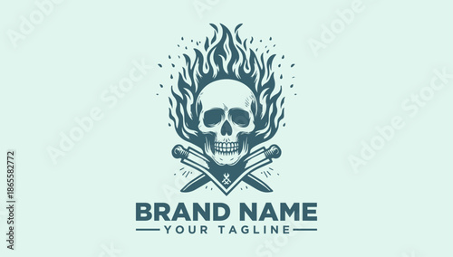 A vector illustration of a flaming skull with crossed swords on a light green background, featuring a placeholder brand name and tagline in dark green.