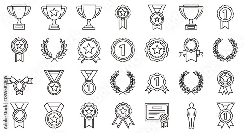 Set of outline icons representing trophies, medals, ribbons, awards, and certificates for achievement and recognition.