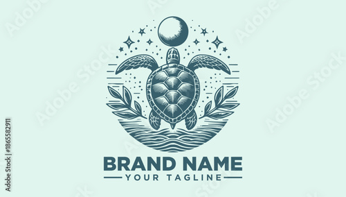 A teal-colored illustration of a turtle surrounded by leaves and stars with a moon, against a light green background, featuring a placeholder brand name and tagline in a simple, iconic logo