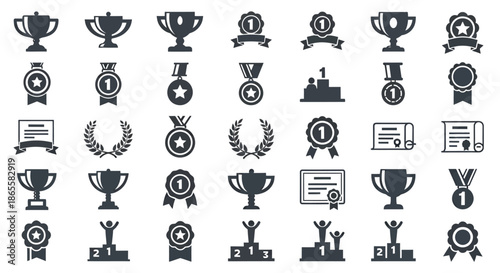 Set of various award, trophy, medal, and certificate icons representing achievement and recognition.