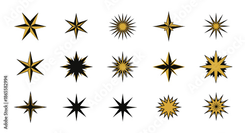 Collection of various black and gold starburst icons on a white background.