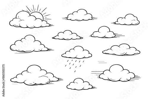 Vector illustration showing various cloud shapes during sunny and rainy weather, featuring bright skies and rain clouds to represent changing moods, seasons, atmosphere, and weather diversity.