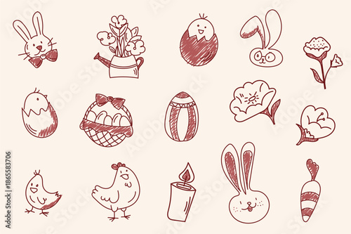 Hand-drawn Easter doodle icon set featuring rabbits, chicks, eggs, basket, flowers, and festive decorations. Great for stickers, planners, greeting cards, scrapbooking, kids projects, and DIY crafting