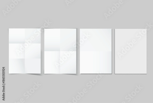 Blank folded paper mockup isolated on neutral background, minimal stationery templates with different crease styles for brochure, leaflet, flyer, document design, print layout and copy space.