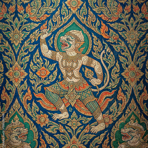 Photography Majestic White Hanuman: Mythical Thai Monkey Warrior on Ornate Blue Pattern Back
