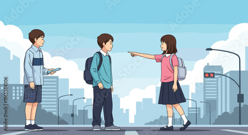 Group of students in school uniforms interacting and pointing at something on a city street with tall buildings and traffic lights.