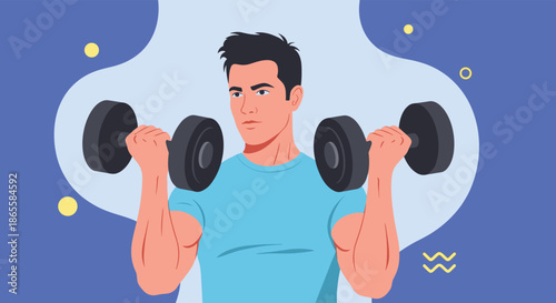 Young athletic man focuses on bicep curls exercise while lifting heavy black dumbbells against a blue abstract background for fitness.