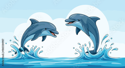 Two playful dolphins jump high out of the sparkling ocean waves against a scenic sky with soft clouds and a large white moon.
