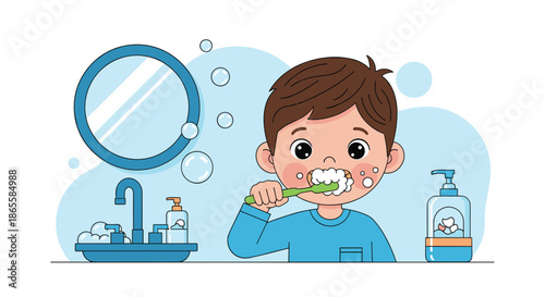 Cute young boy brushes his teeth with a green toothbrush in front of a bathroom mirror to maintain good dental hygiene and health.