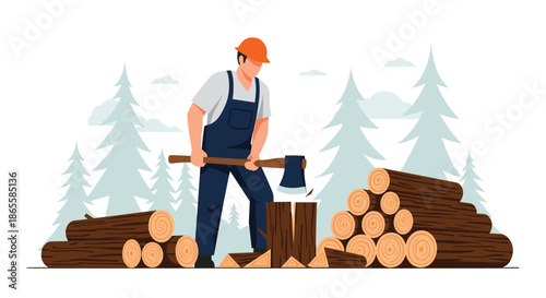 Lumberjack wearing an orange safety helmet and blue overalls splits logs with a heavy axe in a snowy winter forest with pine trees.