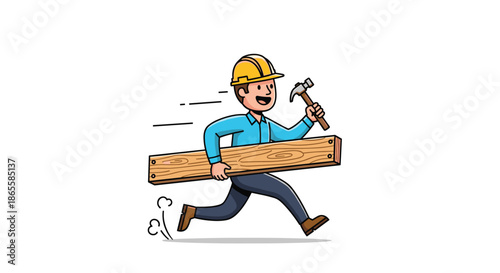 Cheerful carpenter in a yellow hard hat runs quickly while carrying a long wooden board and a metal hammer to his next construction job.