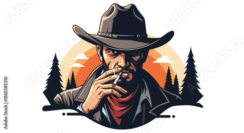 Rugged cowboy in a wide-brimmed hat smokes a cigarette while looking intently at the viewer against a forest and sunset background.