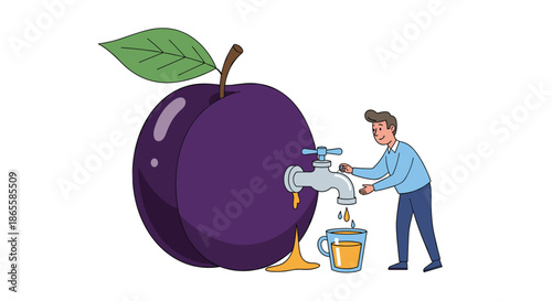 Imaginative illustration shows a man turning a silver tap on a giant purple plum to pour fresh fruit juice into a glass mug.