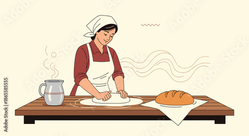 Traditional baker woman in a white apron and headscarf kneads dough on a wooden table to make fresh bread in a cozy kitchen setting.