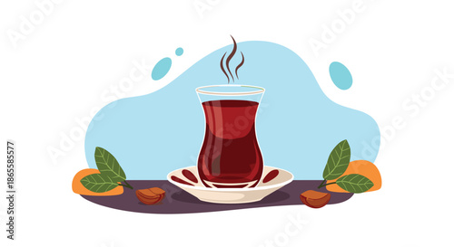 Steaming glass of Turkish tea sits on a patterned saucer on a dark table with tea leaves and orange fruit pieces in the background.