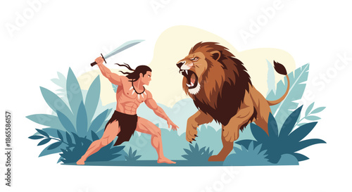 Powerful tribal warrior with a sword and traditional necklace, bravely confronting a roaring lion in a lush jungle environment with large leaves.